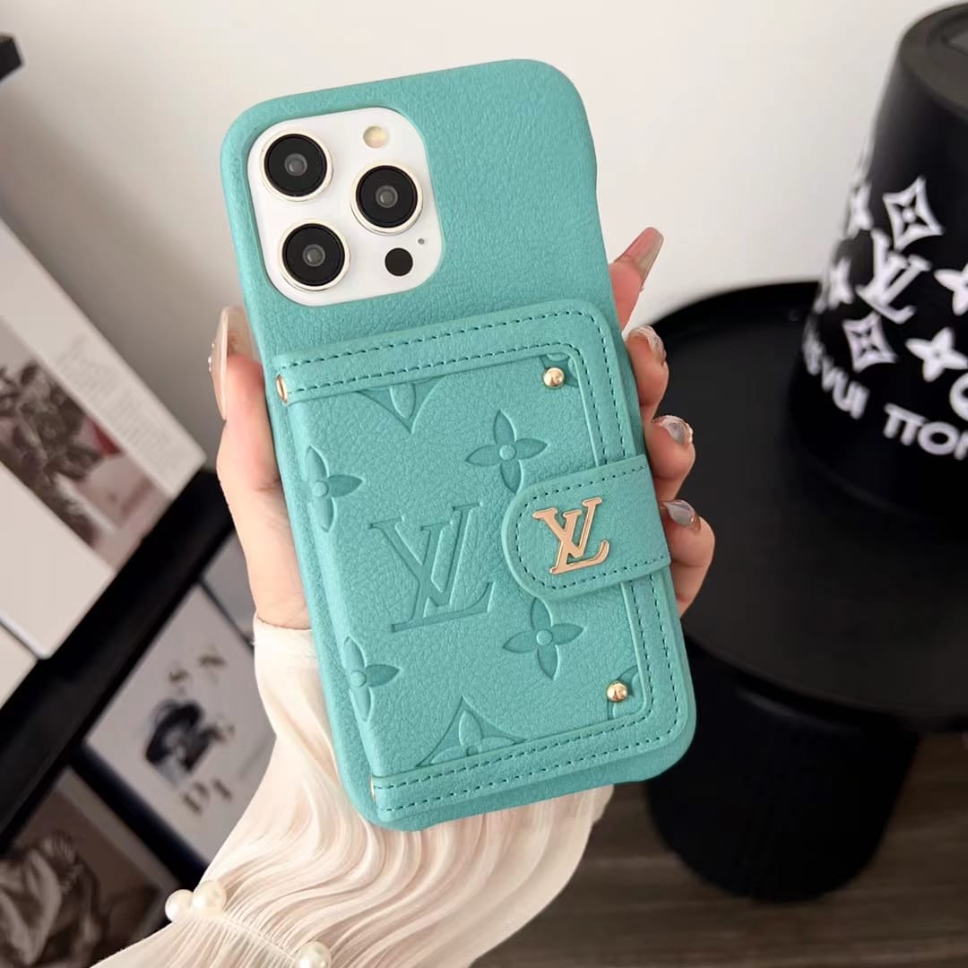 Louis Vuitton-inspired leather phone case with snap card holder