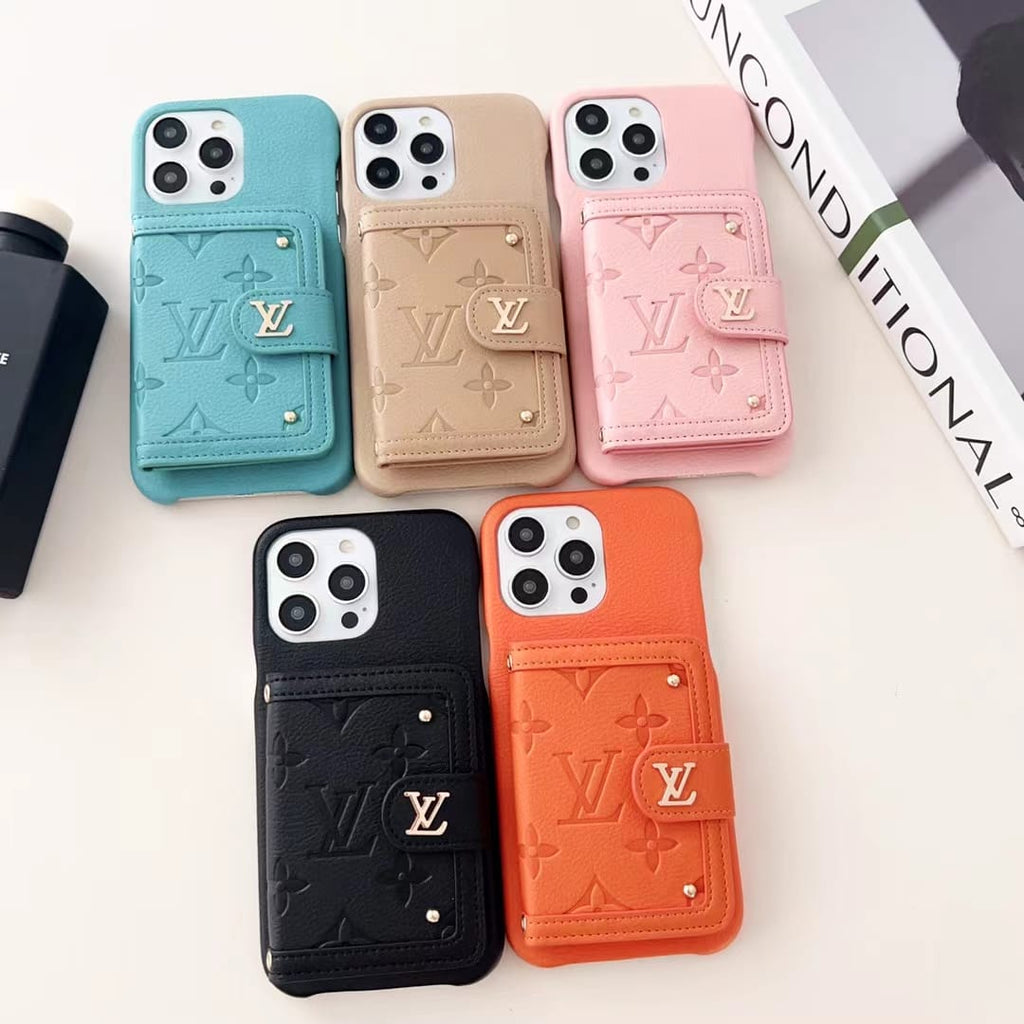 Louis Vuitton-inspired leather phone case with snap card holder