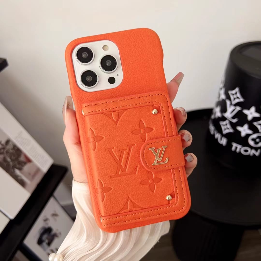 Louis Vuitton-inspired leather phone case with snap card holder