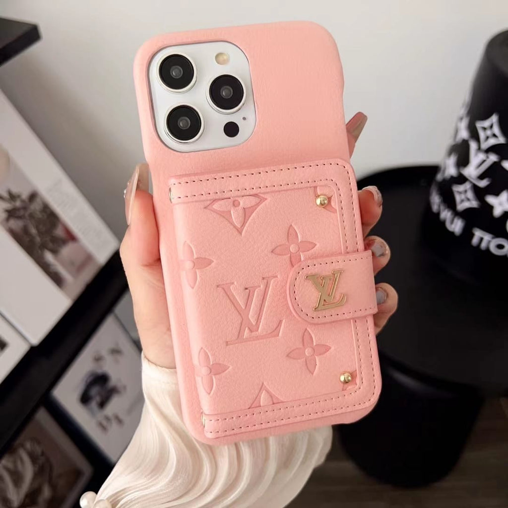 Louis Vuitton-inspired leather phone case with snap card holder