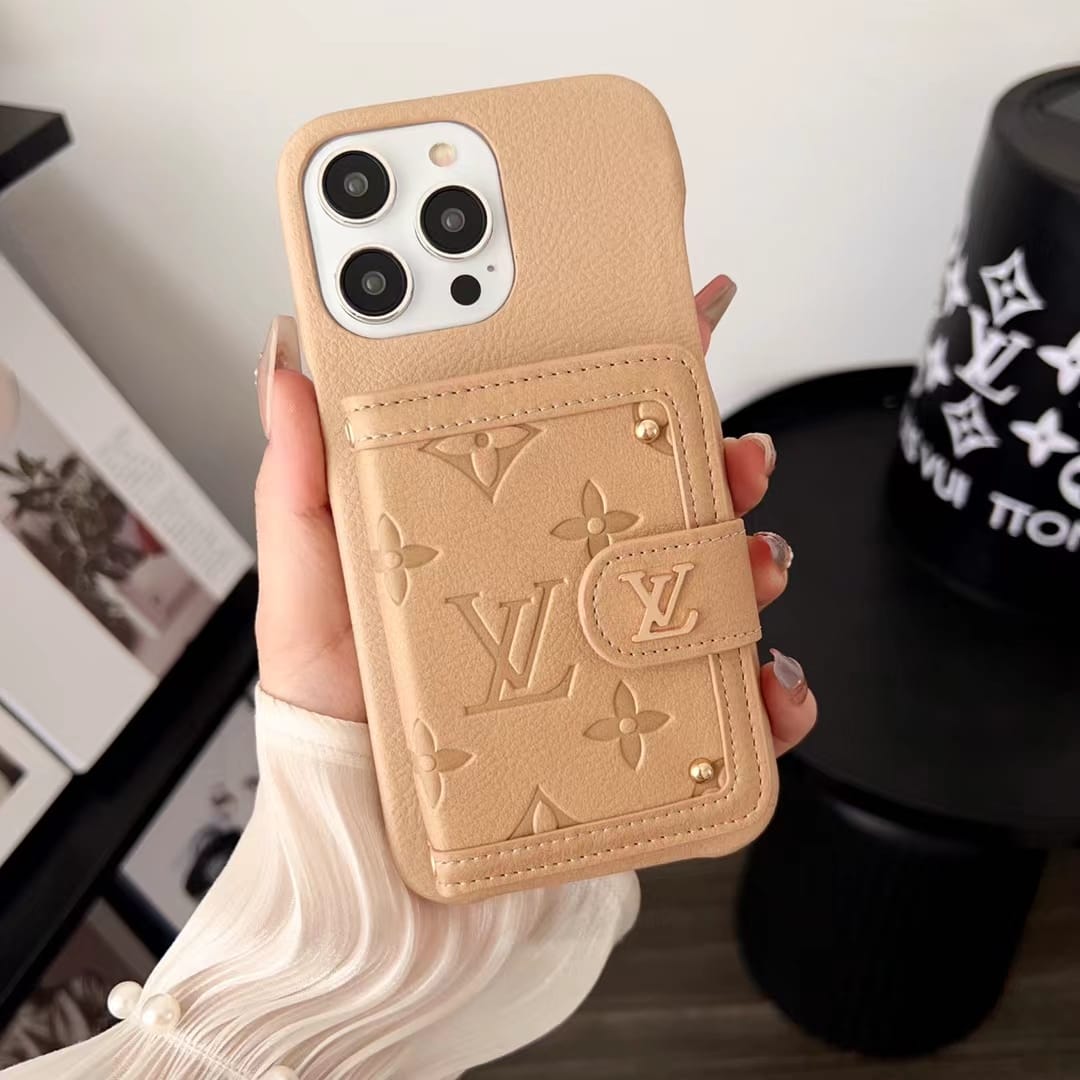 Louis Vuitton-inspired leather phone case with snap card holder
