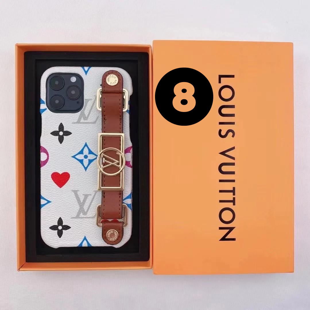 Louis Vuitton-inspired monogram phone case with buckle hand strap