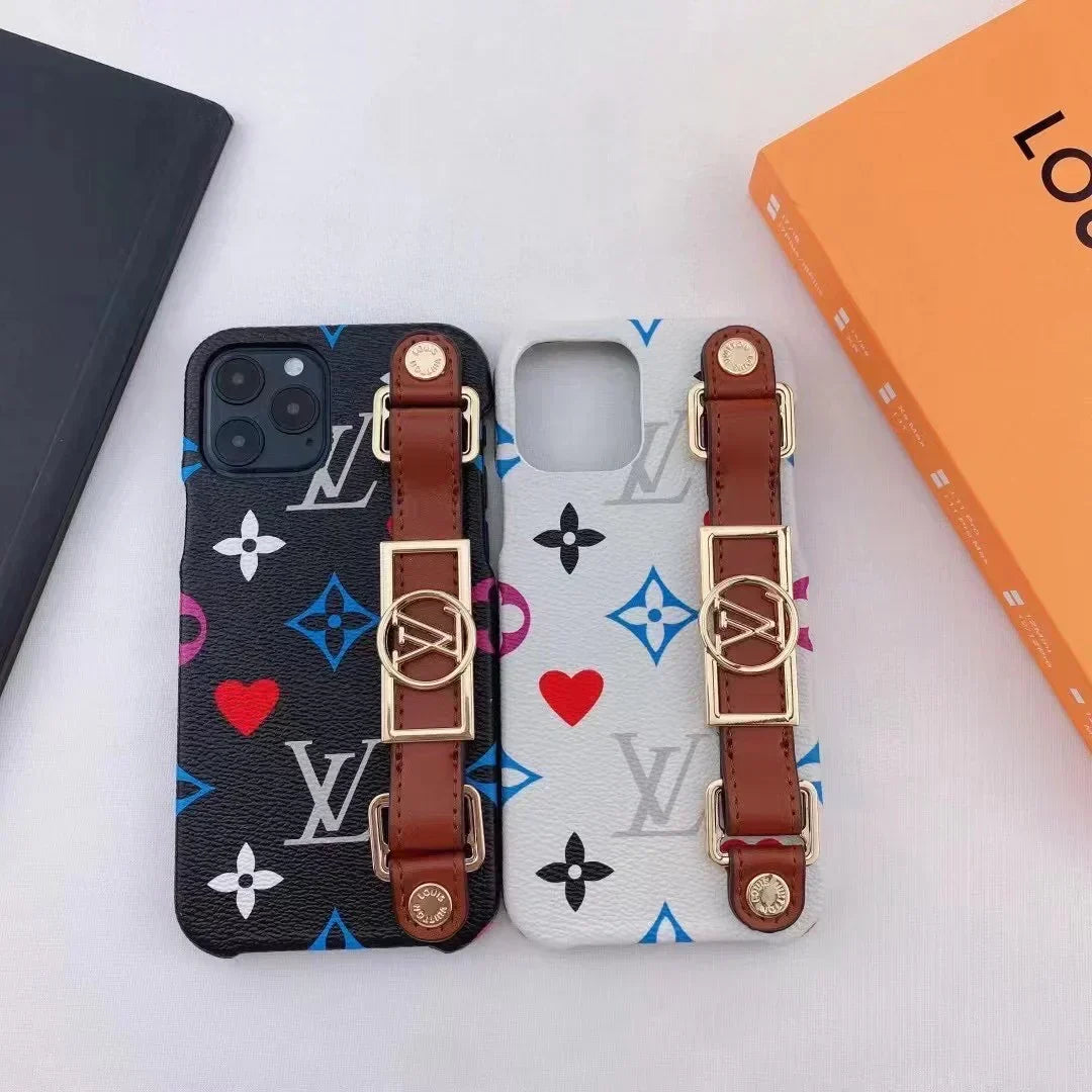 Louis Vuitton-inspired monogram phone case with buckle hand strap