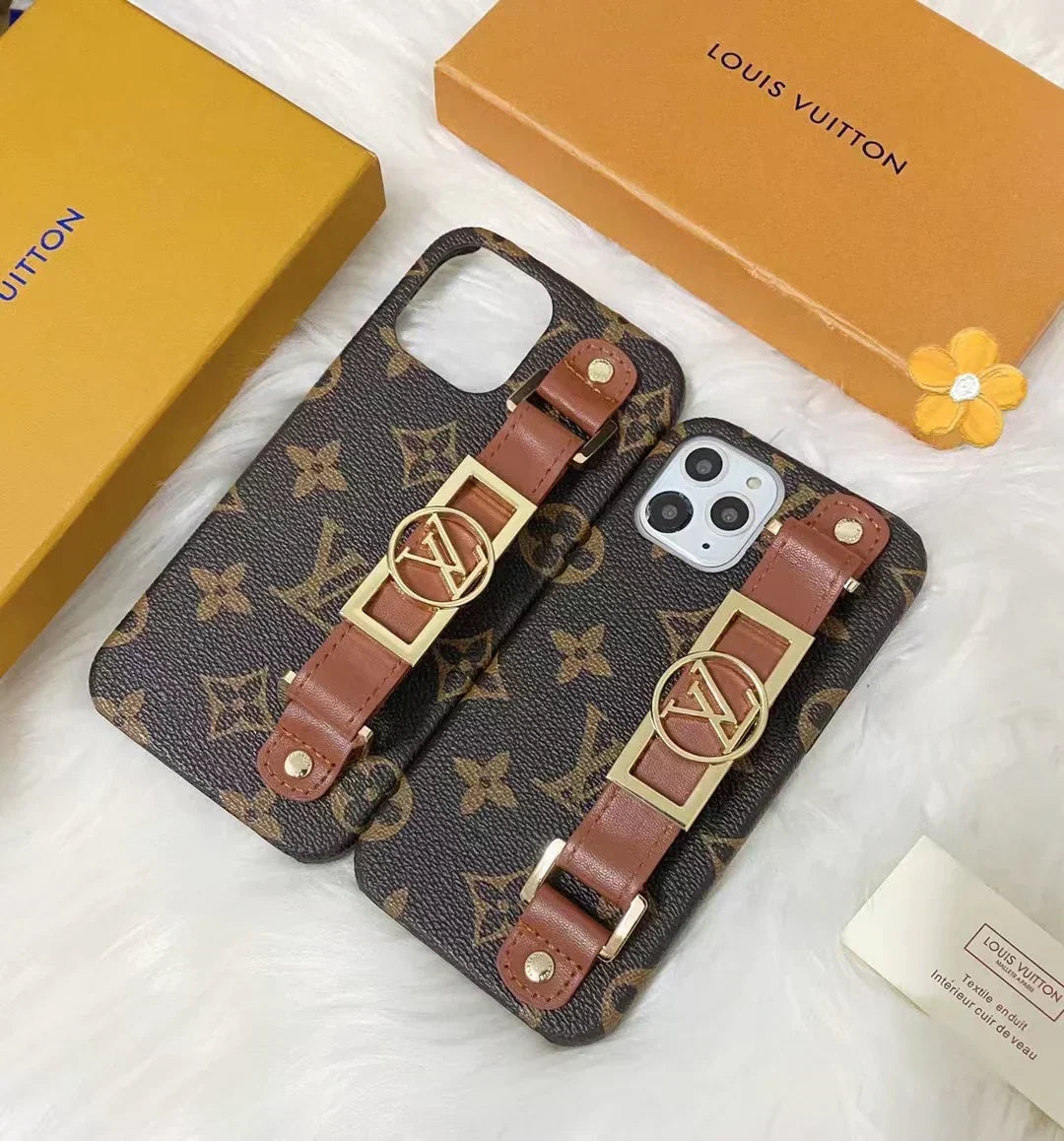 Louis Vuitton-inspired monogram phone case with buckle hand strap