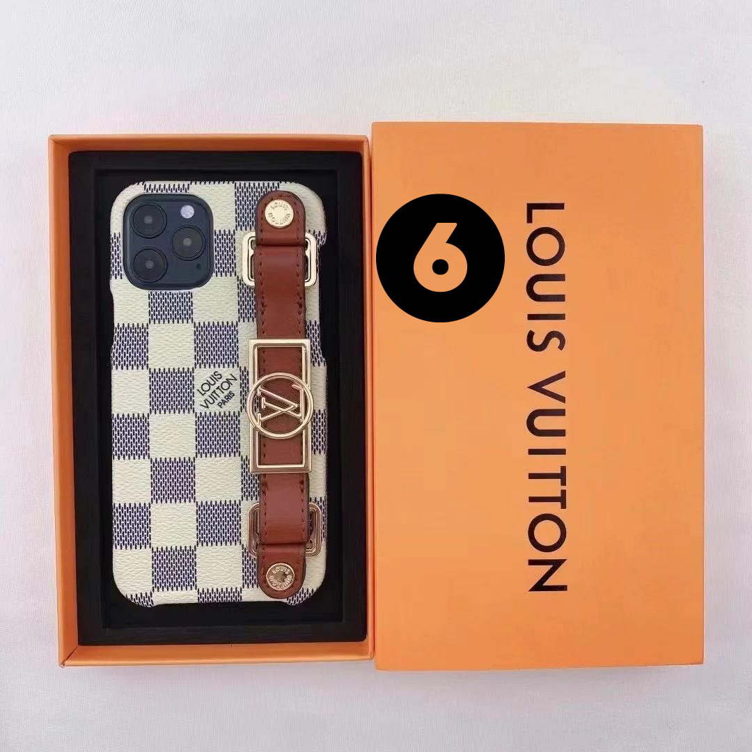 Louis Vuitton-inspired monogram phone case with buckle hand strap