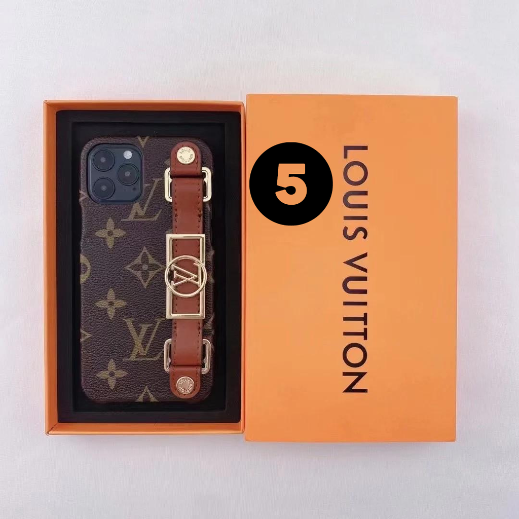 Louis Vuitton-inspired monogram phone case with buckle hand strap