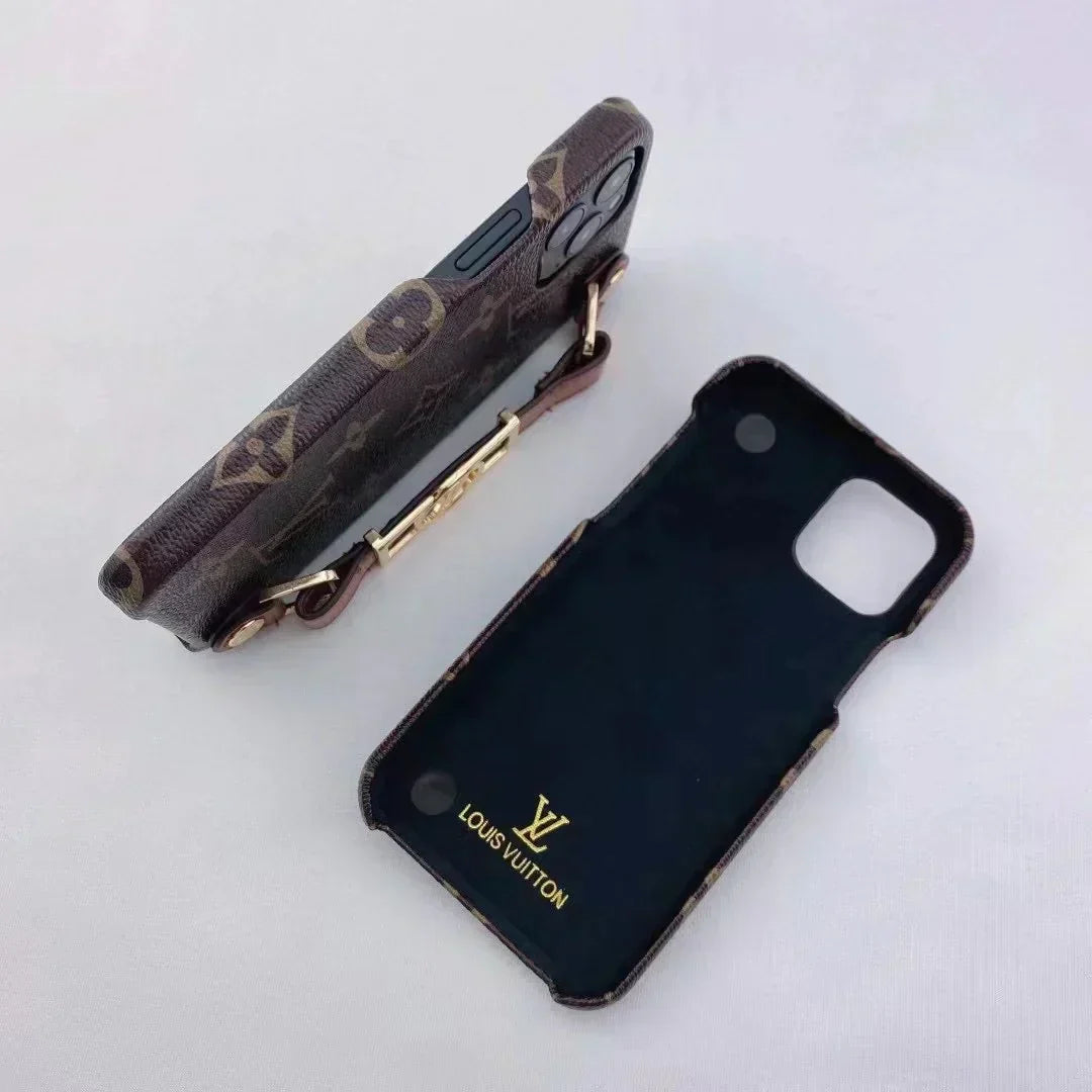 Louis Vuitton-inspired monogram phone case with buckle hand strap