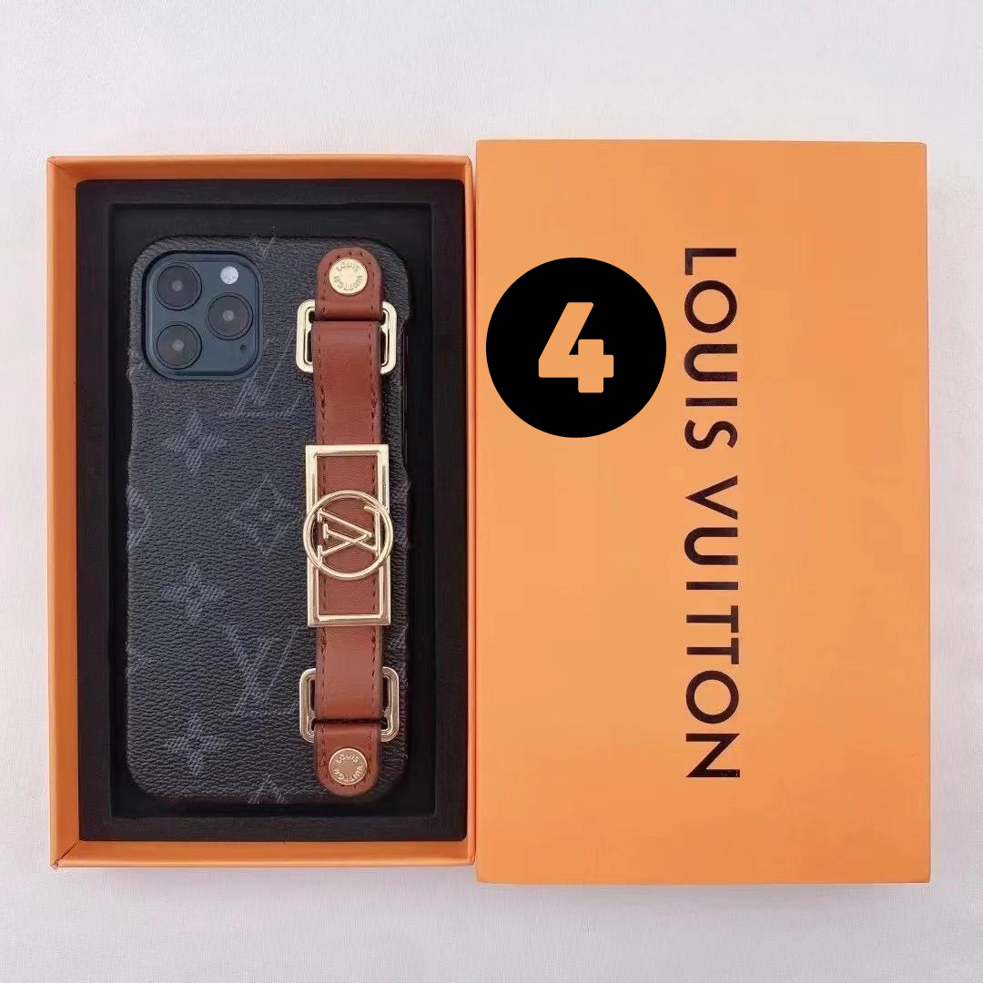 Louis Vuitton-inspired monogram phone case with buckle hand strap