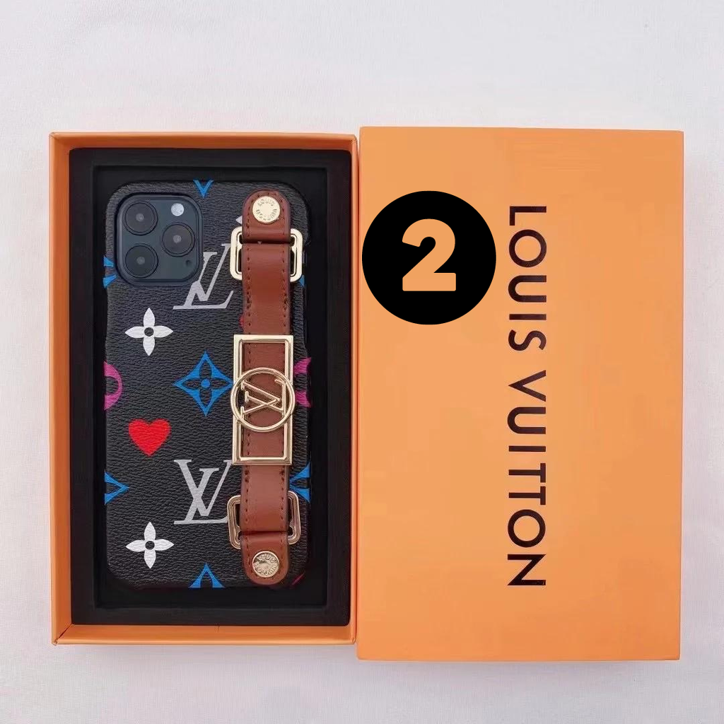 Louis Vuitton-inspired monogram phone case with buckle hand strap