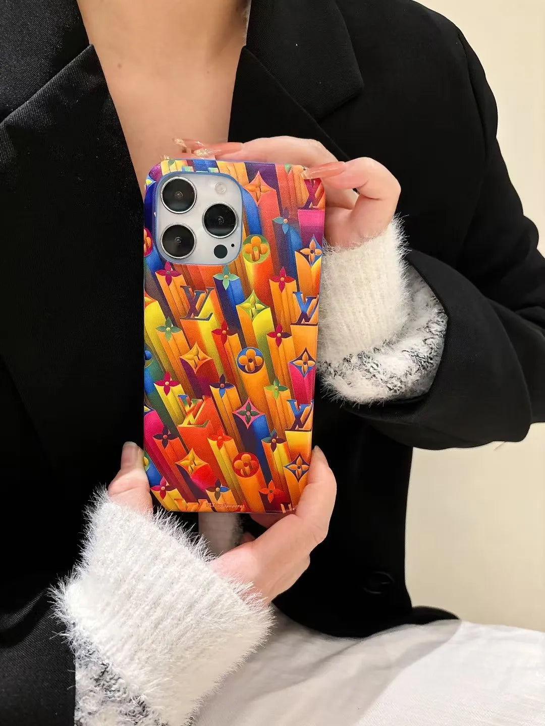 Louis Vuitton-inspired colorful character collage iPhone case