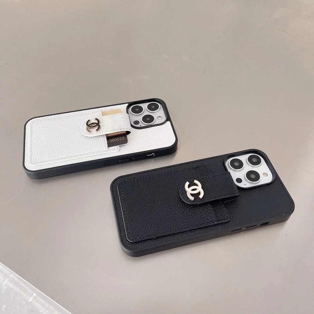 Chanel-inspired phone wallet case with contrast card pocket