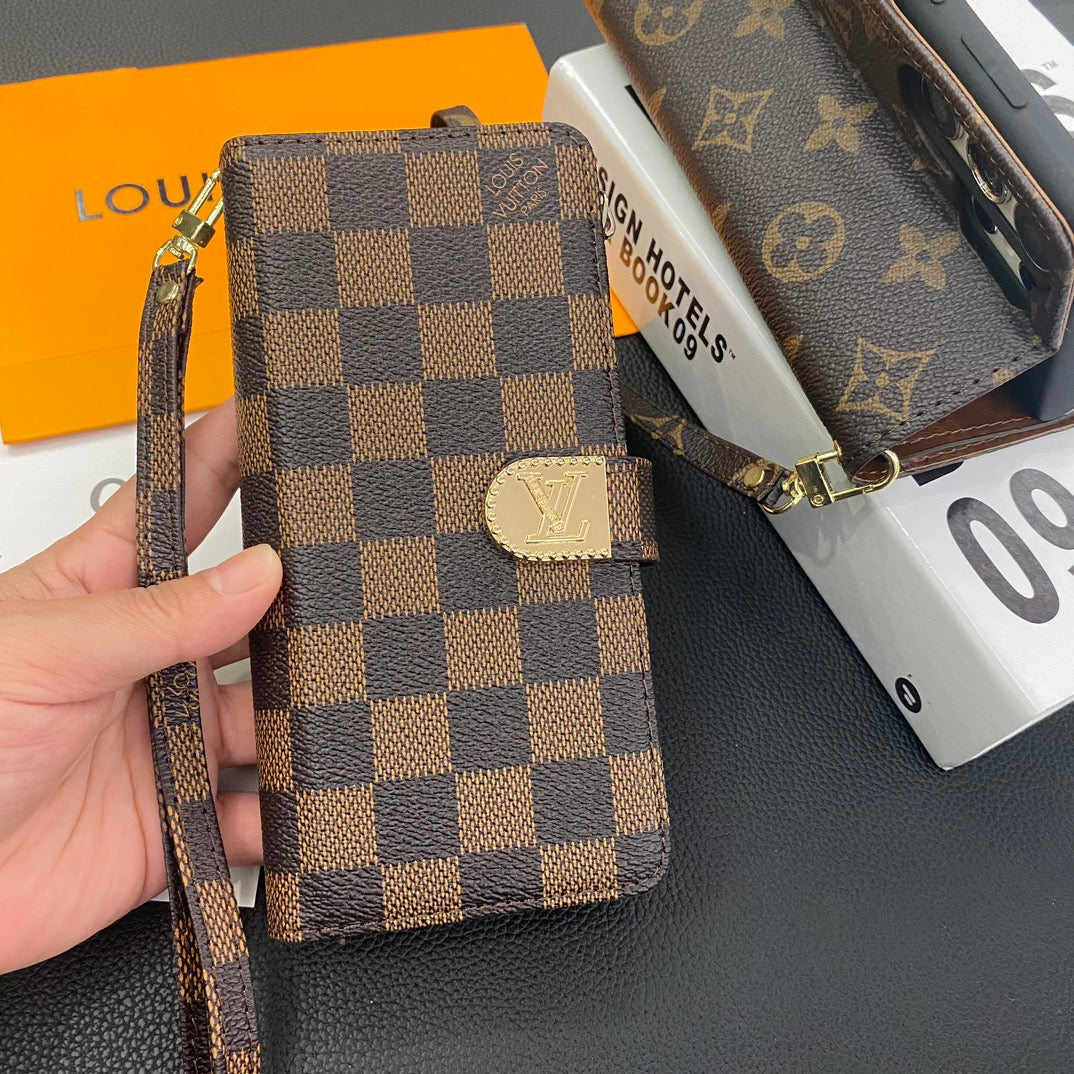 Louis Vuitton-inspired wallet phone case with card slots and wrist strap
