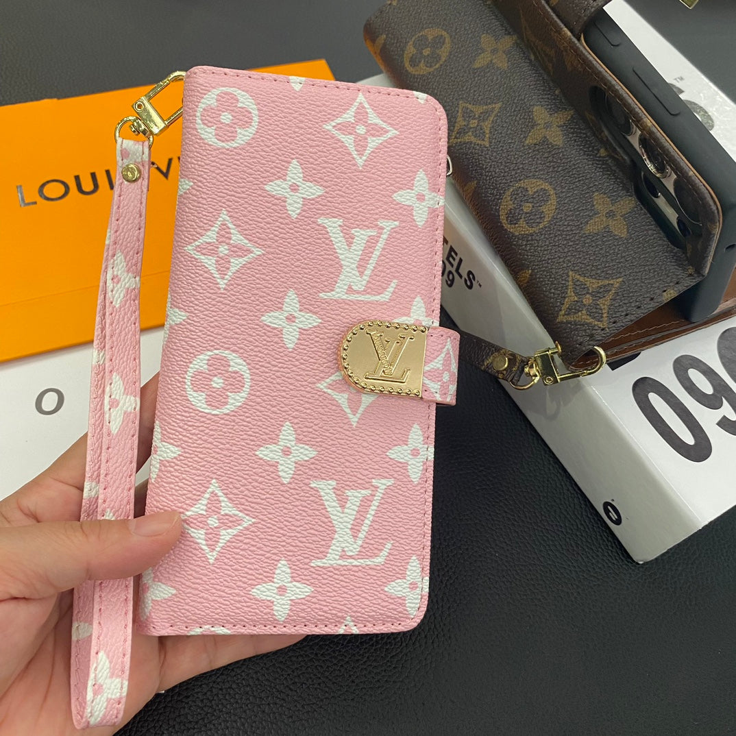 Louis Vuitton-inspired wallet phone case with card slots and wrist strap, pink