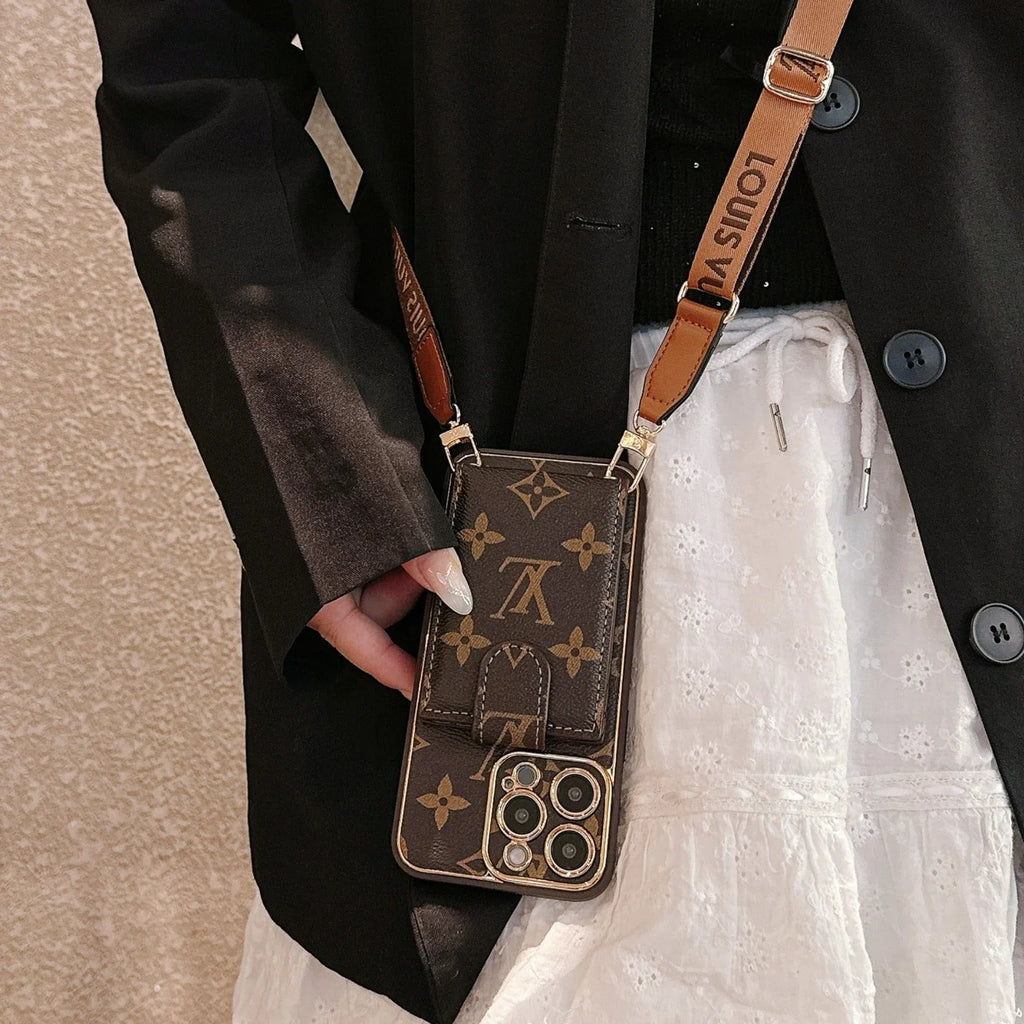 Louis Vuitton-inspired monogram crossbody wallet phone case with card pocket strap