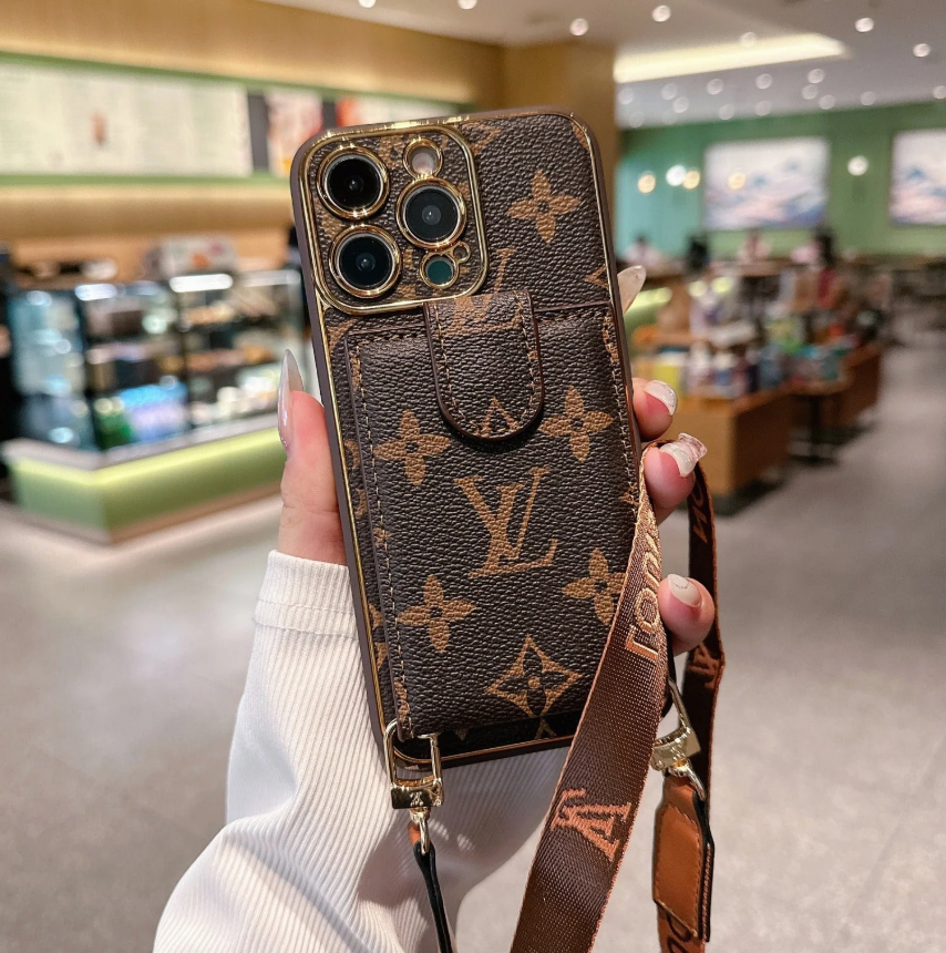 Louis Vuitton-inspired monogram crossbody wallet phone case with card pocket strap