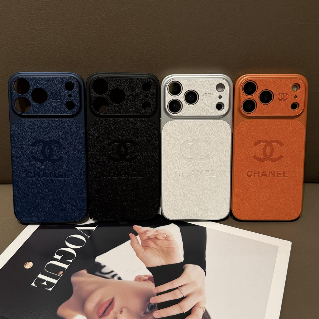 Chanel-inspired solid color iPhone case with embossed emblem