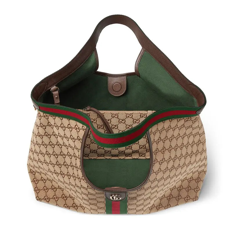 Gucci-inspired monogram tote bag with web stripe trim