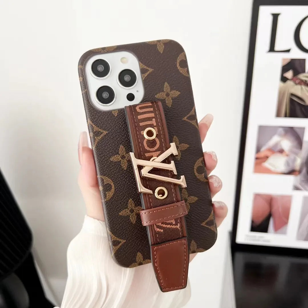 Louis Vuitton-inspired checkered phone case with hand strap for iPhone 16 Pro Max