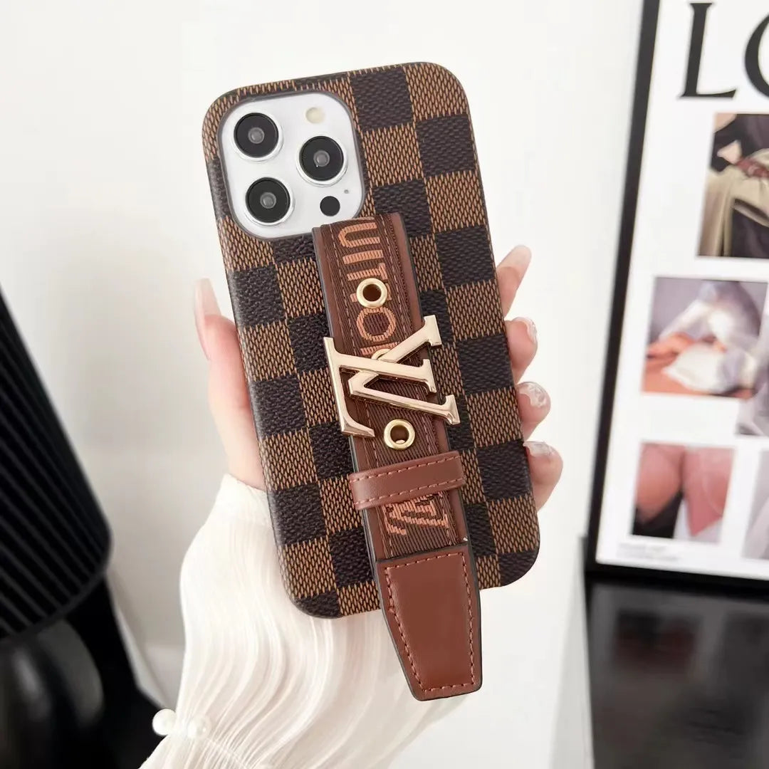 Louis Vuitton-inspired checkered phone case with hand strap for iPhone 16 Pro Max