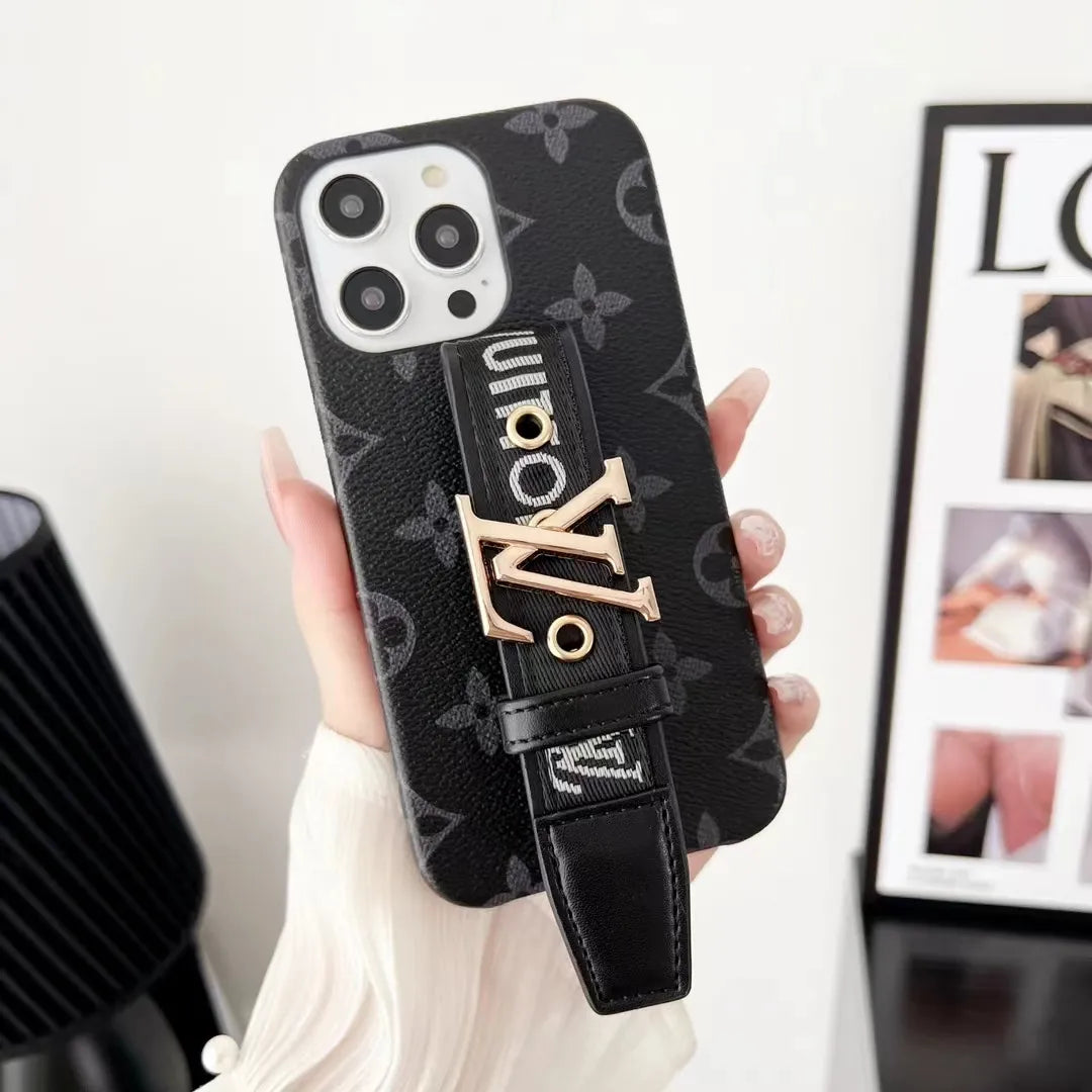 Louis Vuitton-inspired checkered phone case with hand strap for iPhone 16 Pro Max