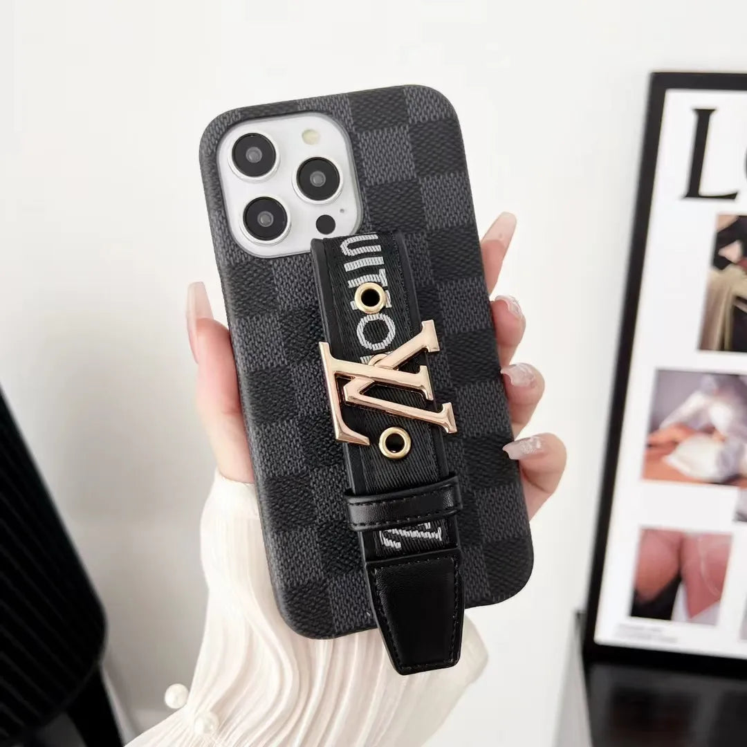 Louis Vuitton-inspired checkered phone case with hand strap for iPhone 16 Pro Max