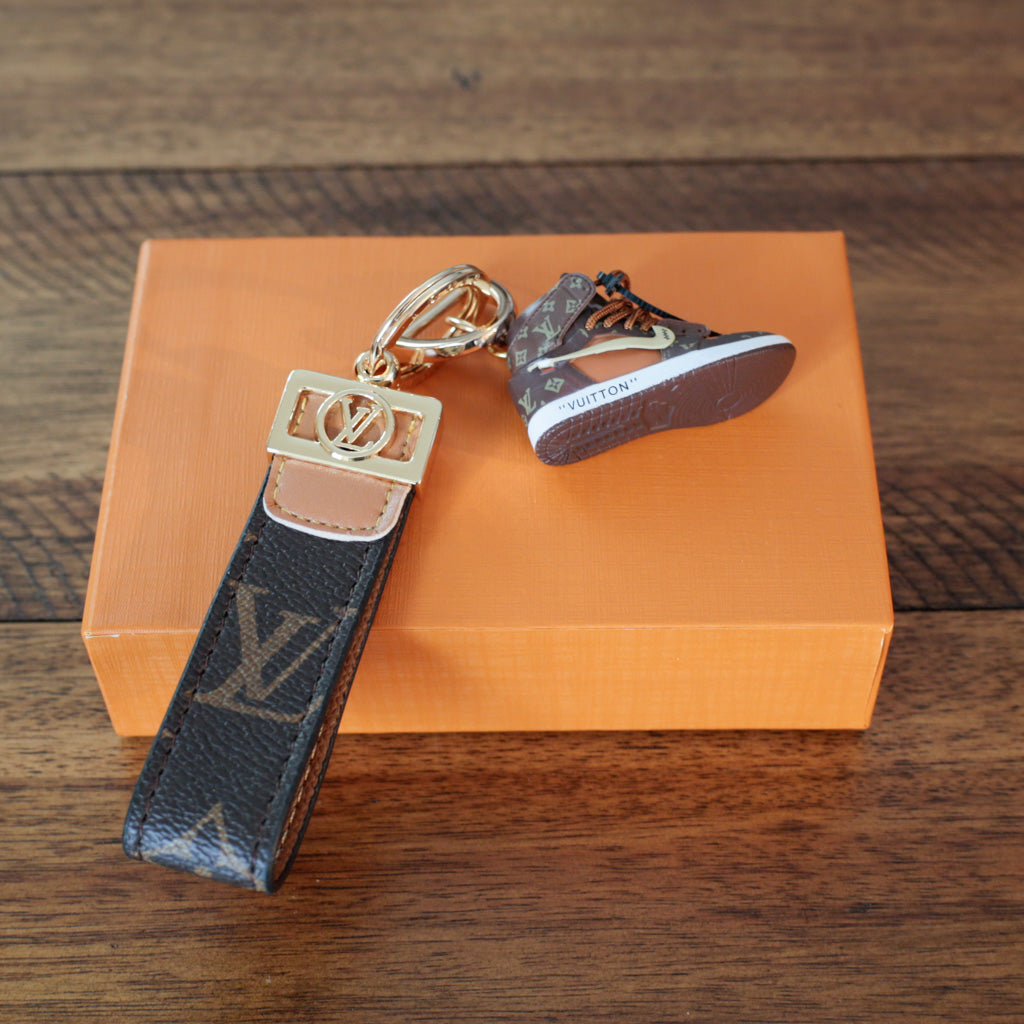 Louis Vuitton-inspired brown monogram sneaker keychain