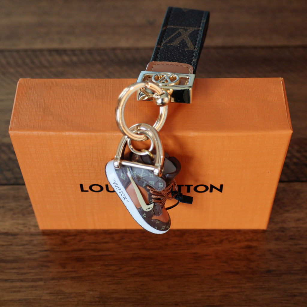 Louis Vuitton-inspired brown monogram sneaker keychain