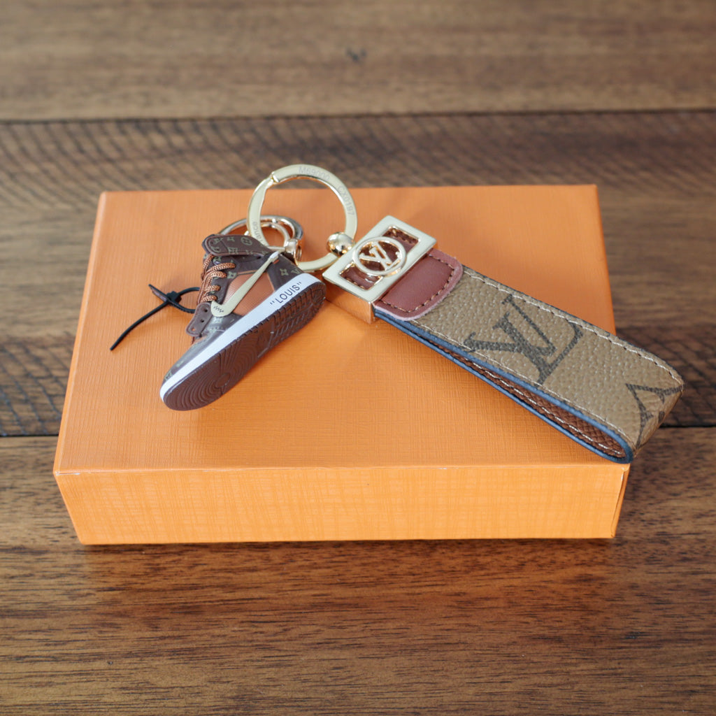 Louis Vuitton-inspired brown monogram sneaker keychain