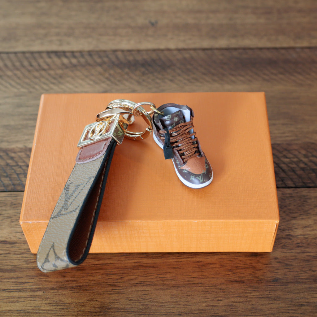 Louis Vuitton-inspired brown monogram sneaker keychain