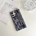 Dior-inspired patterned Samsung Galaxy case with chain, blue