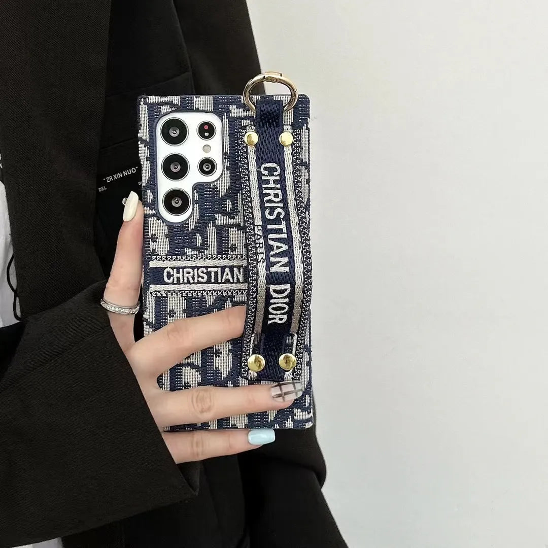 Dior-inspired patterned Samsung Galaxy case with chain