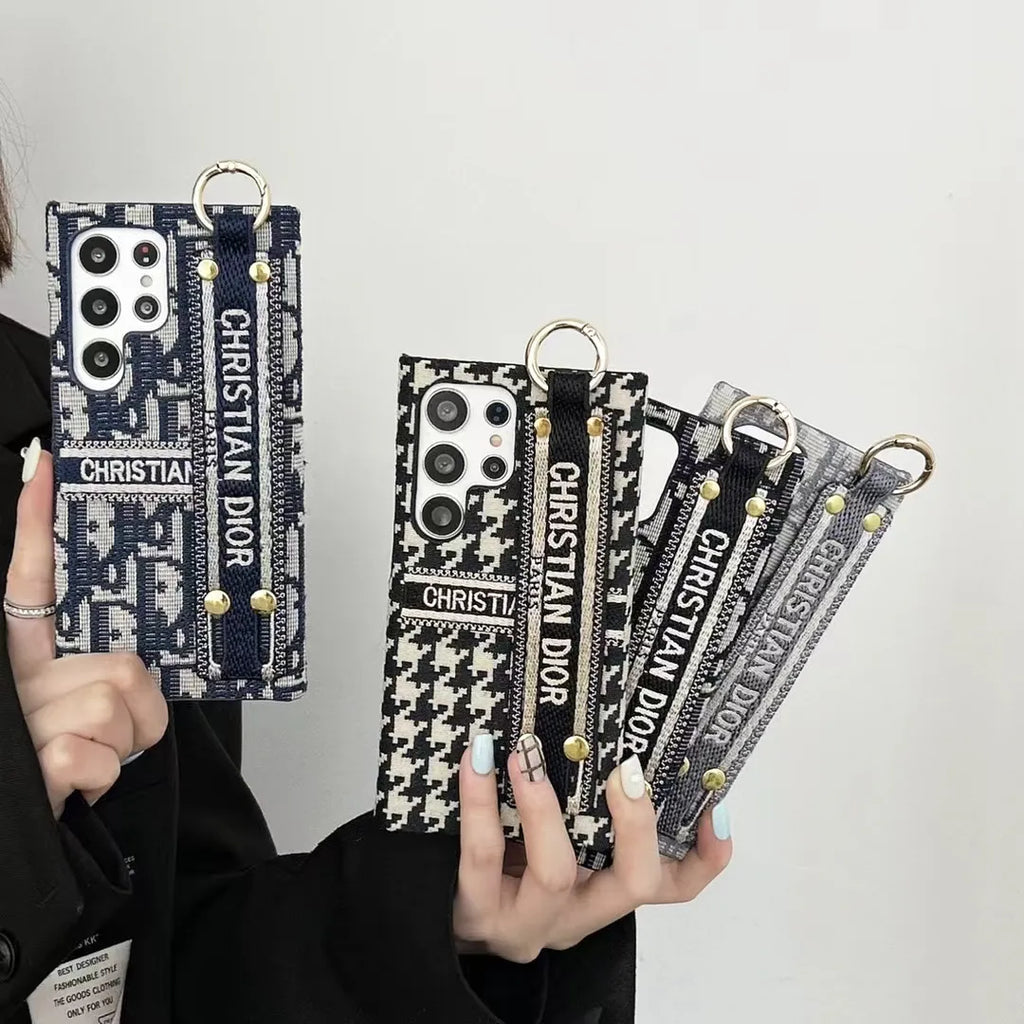 Dior-inspired patterned Samsung Galaxy case with chain