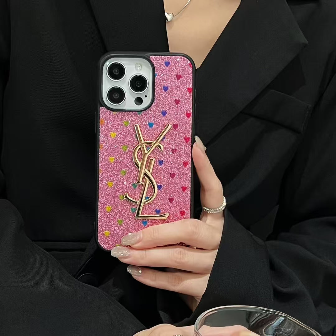 YSL-inspired glitter iPhone case with metal emblem