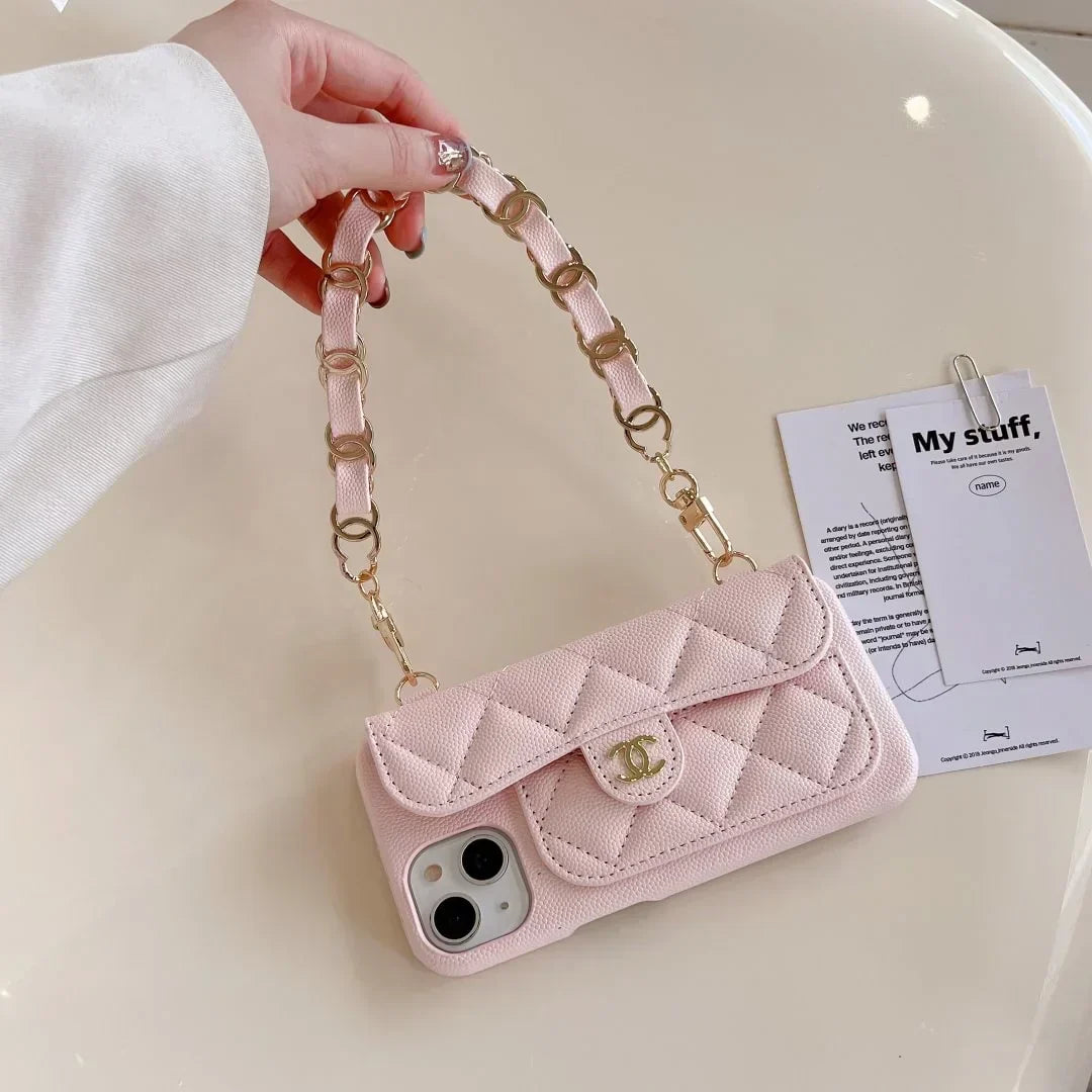 Chanel-inspired quilted phone case with beaded hand strap