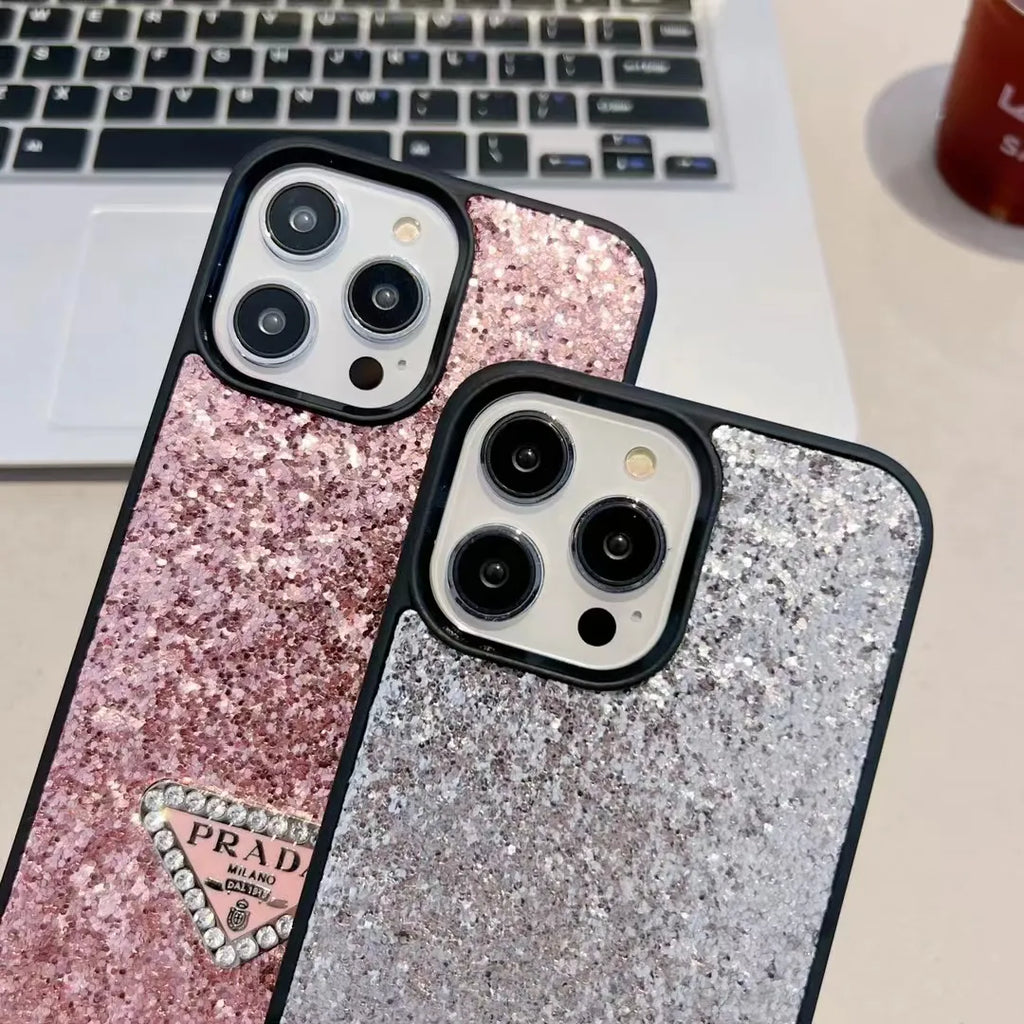 Prada-inspired glitter phone case with wrist strap
