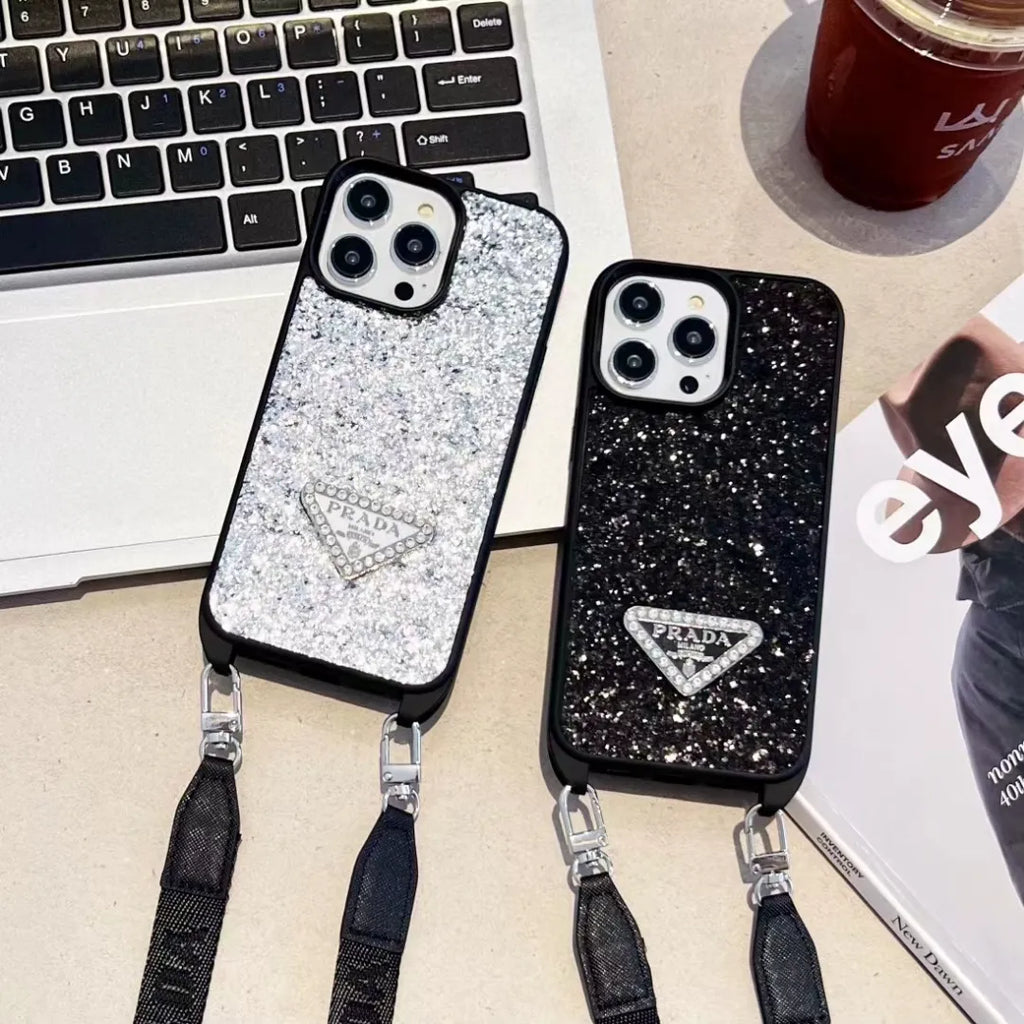 Prada-inspired glitter phone case with wrist strap