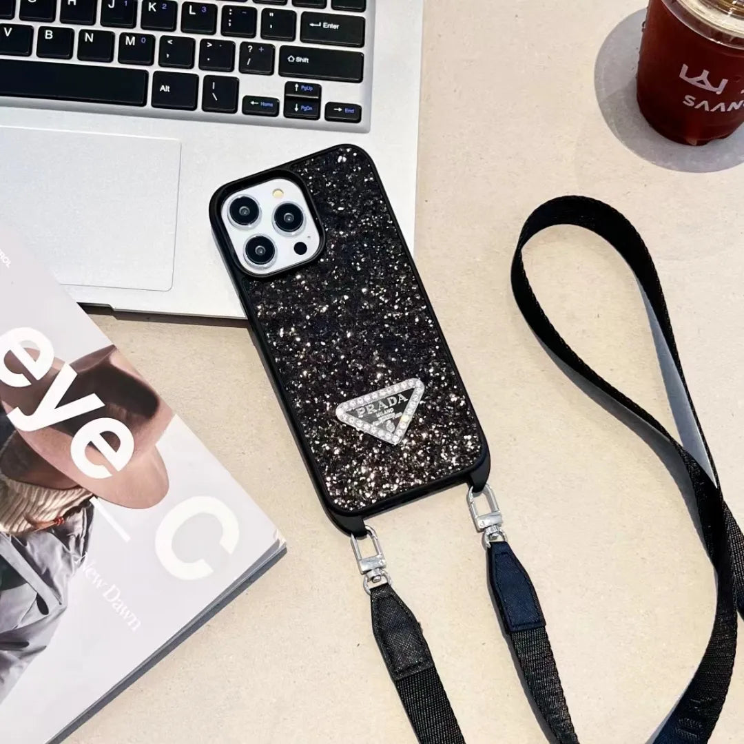 Prada-inspired glitter phone case with wrist strap