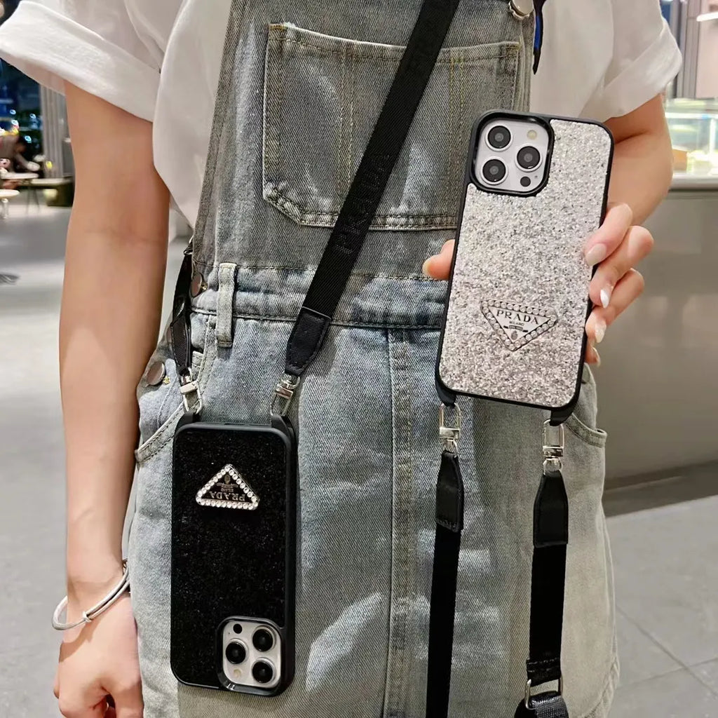 Prada-inspired glitter phone case with wrist strap