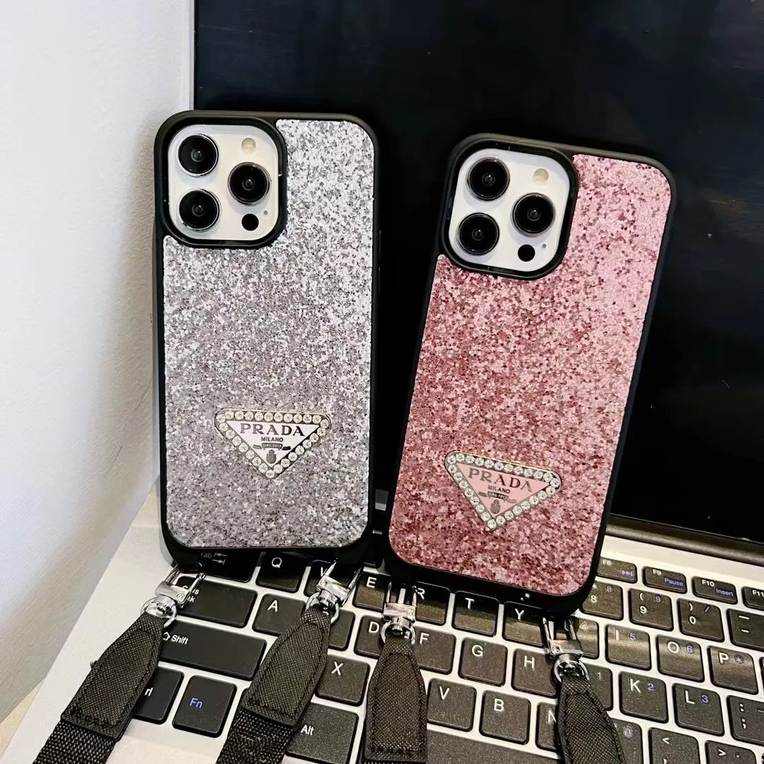 Prada-inspired glitter phone case with wrist strap