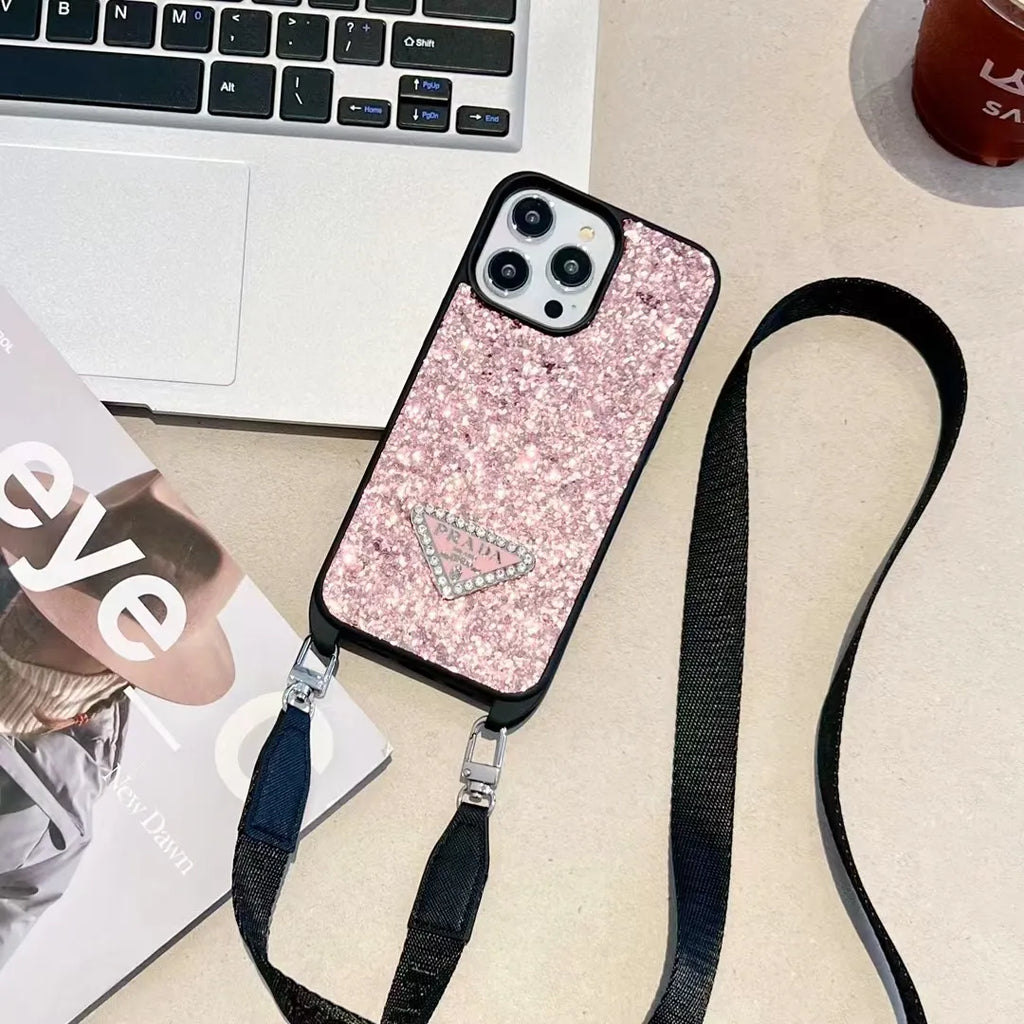 Prada-inspired glitter phone case with wrist strap