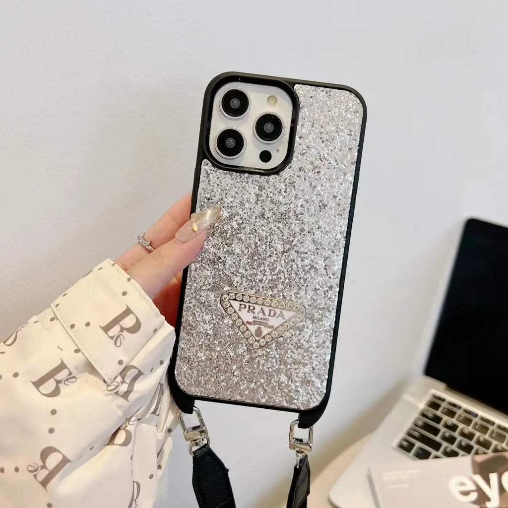 Prada-inspired glitter phone case with wrist strap