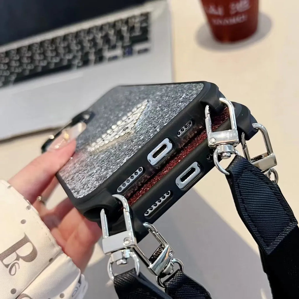 Prada-inspired glitter phone case with wrist strap