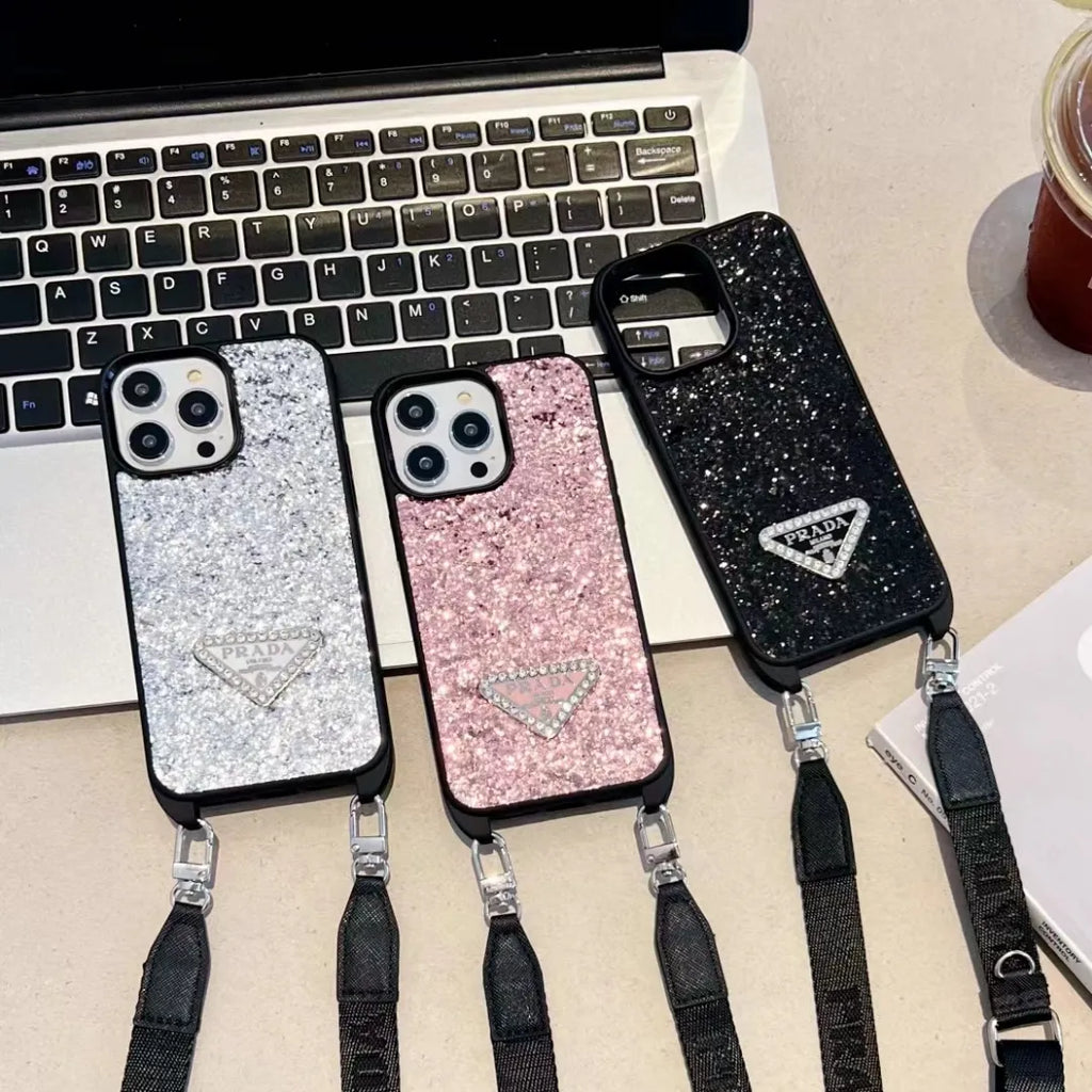Prada-inspired glitter phone case with wrist strap
