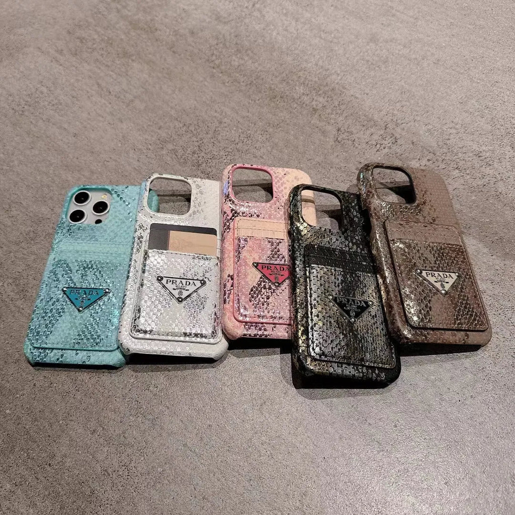 Prada-inspired textured phone case with triangle emblem