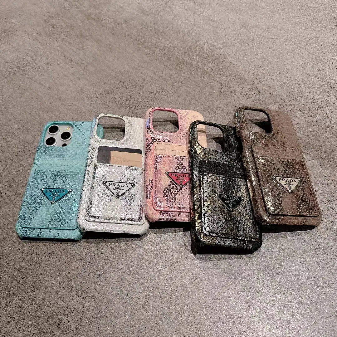 Prada-inspired textured phone case with triangle emblem