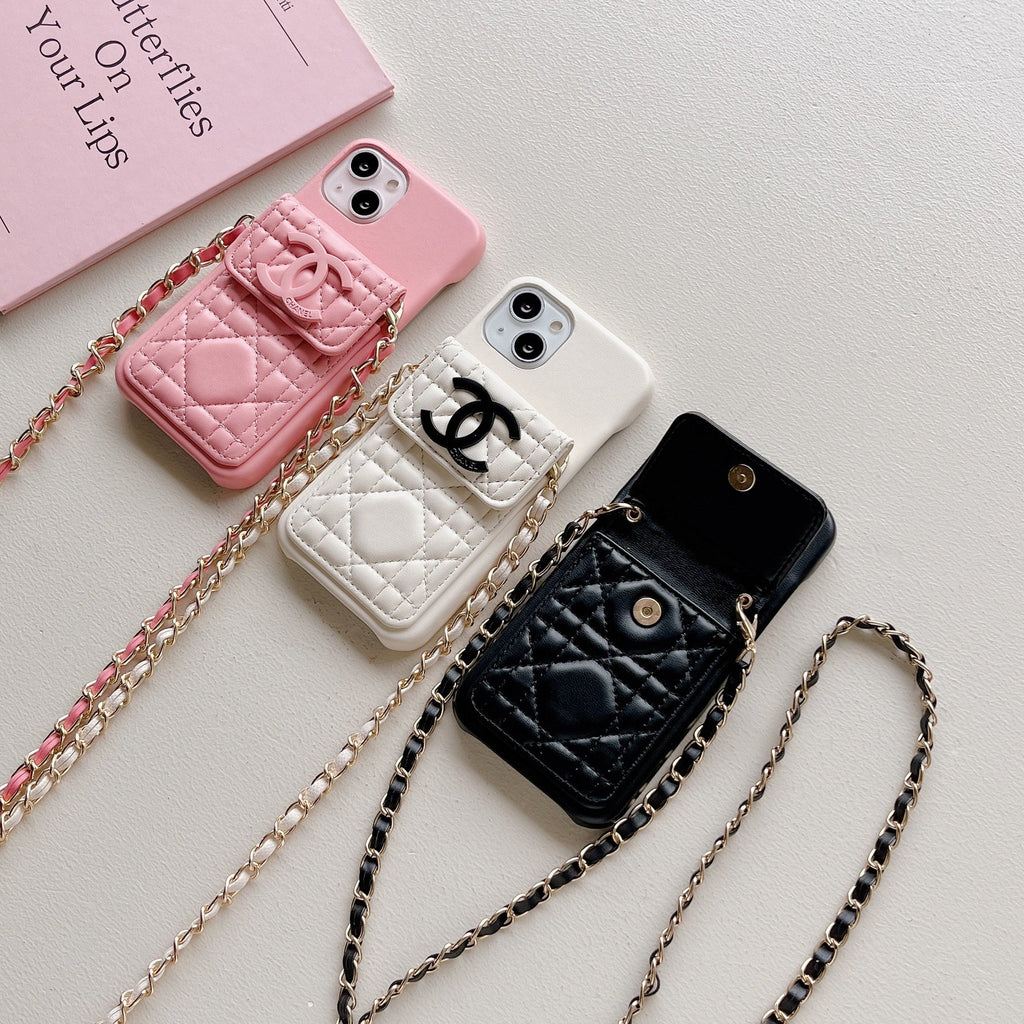 Chanel-inspired quilted phone case with chain strap