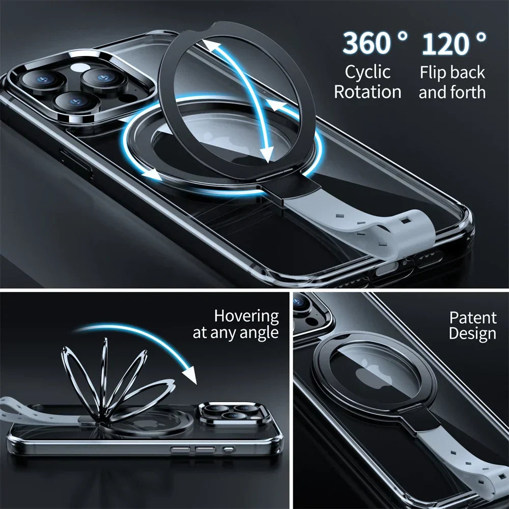 Clear iPhone case with rotating magnetic grip ring