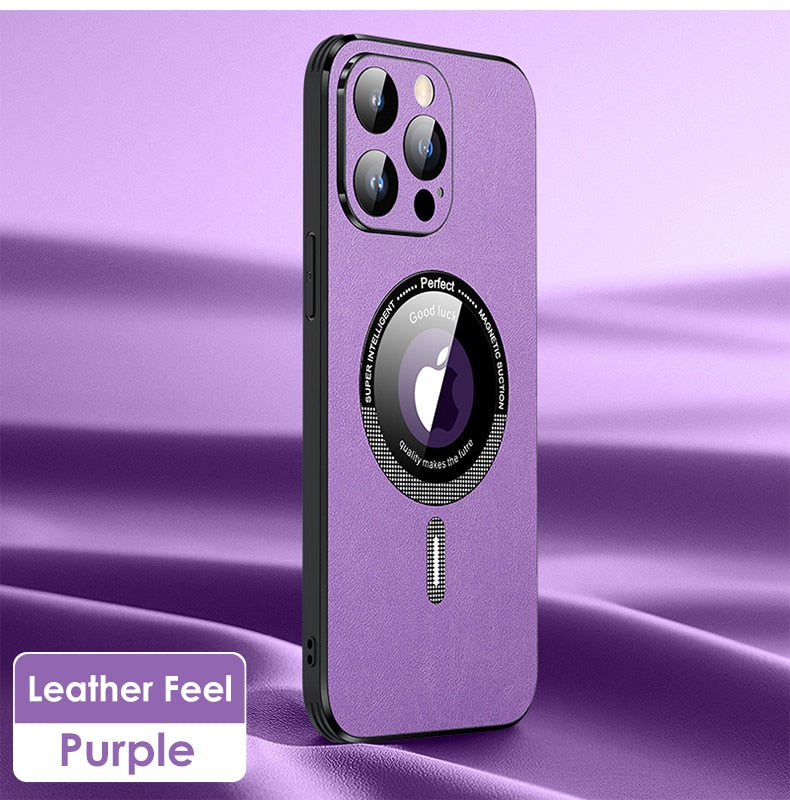 Leather iPhone case with camera lens protection, purple