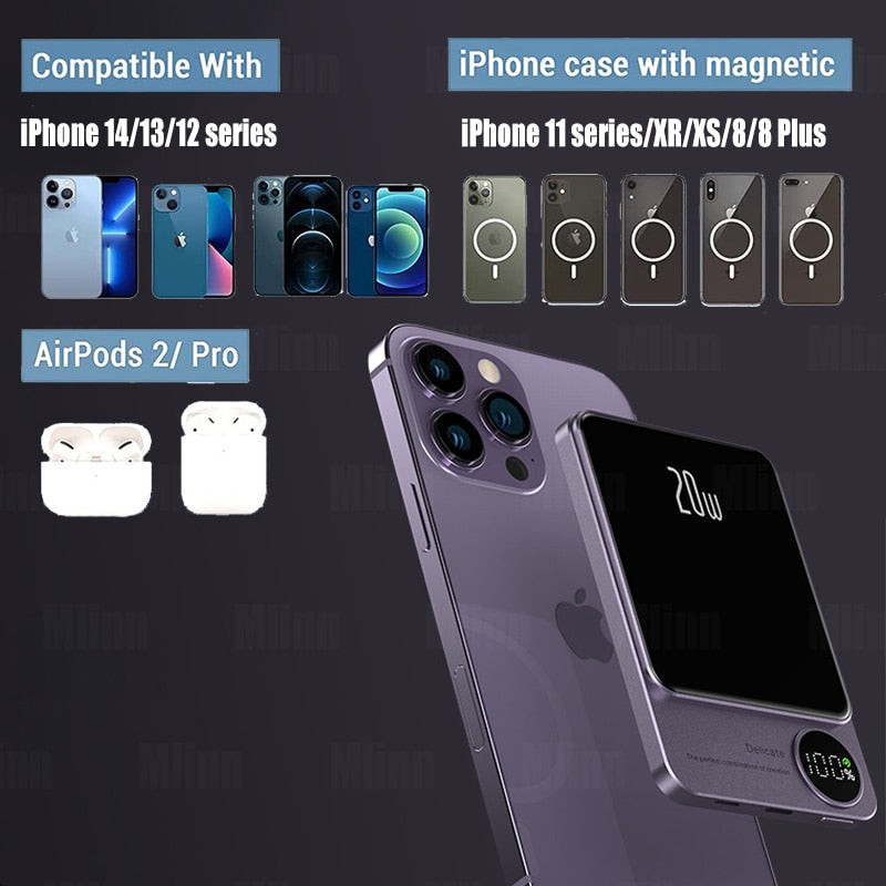 Slim magnetic wireless power bank with digital display