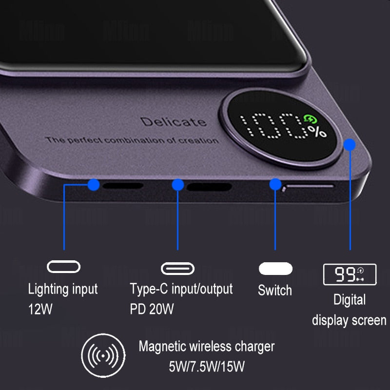 Slim magnetic wireless power bank with digital display